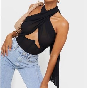 Black Chiffon Halterneck Underbust Corset Detail Bodysuit